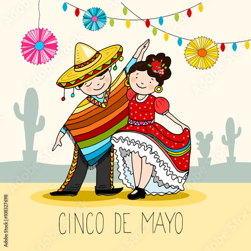 Mexican Dancers, greeting card for the for cinco de mayo holiday, hand drawn vector illustration