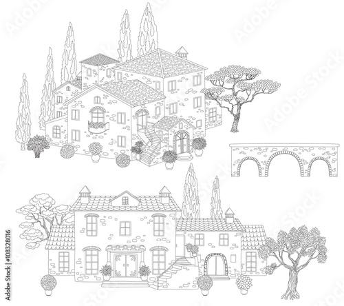 Contoured stone houses, bridge and trees.