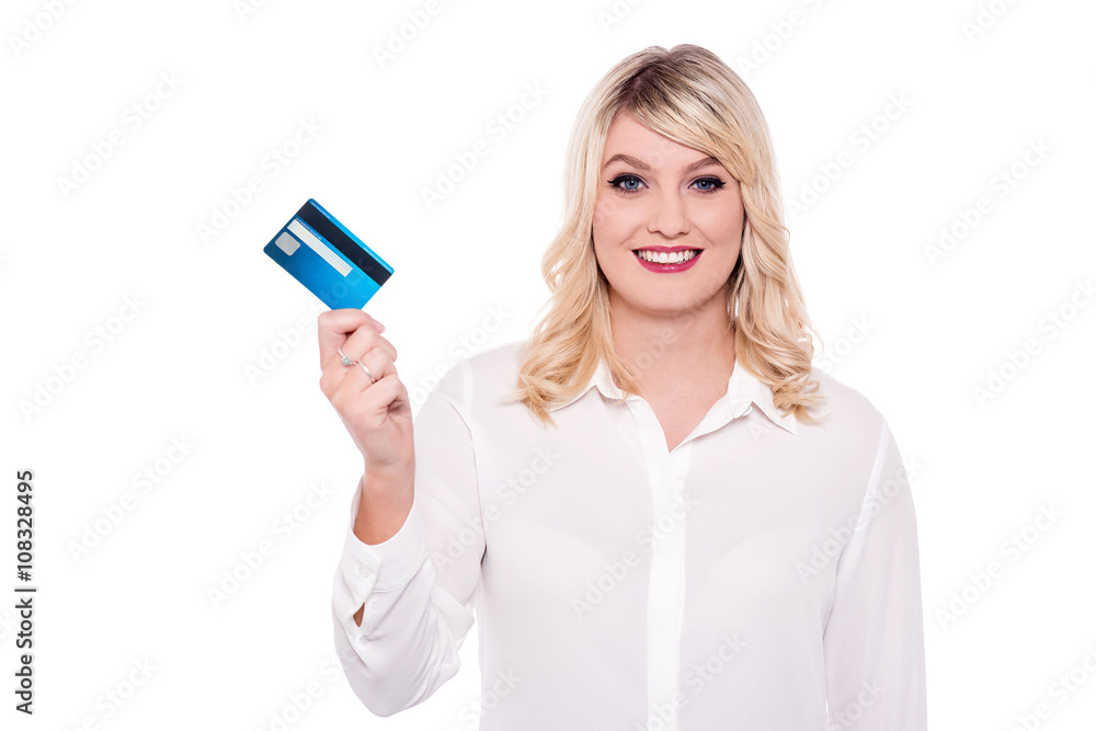 Business lady showing debit card Business lady showing debit card