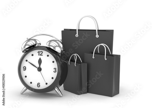 alarm clock and shopping bag (time to buy concept). 3d rendering.