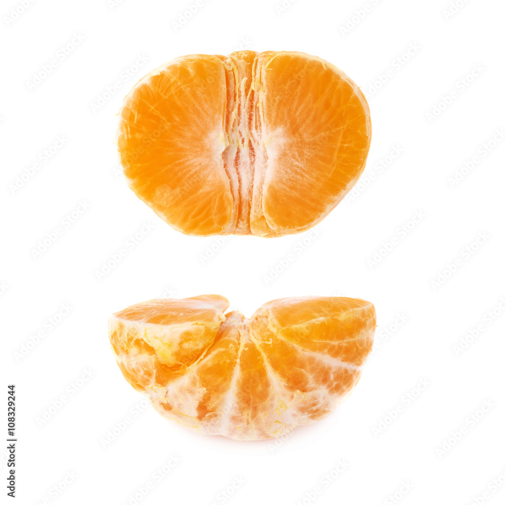 Half of fresh juicy tangerine fruit isolated over the white background Half of fresh juicy tangerine fruit isolated over the white background