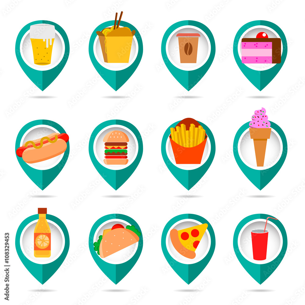 Fast food icons with map marks Fast food icons with map marks