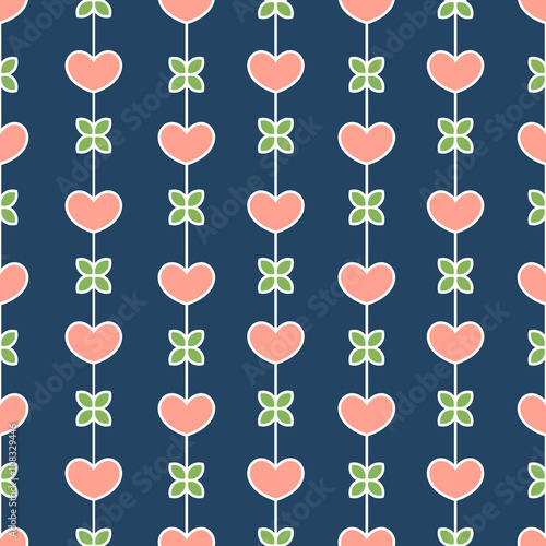 Beautiful, sweet and simple girl's pattern with hearts and leaves. Striped floral ornament with symbols of love and romance. For printing on textiles, covers, notebooks and paper. pastel colors.