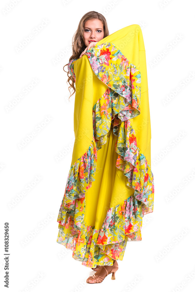 Flamenco dancer woman posing, isolated on white in full length Flamenco dancer woman posing, isolated on white in full length