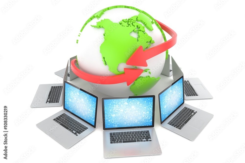 Laptop network around earth globe. 3d render Laptop network around earth globe. 3d render