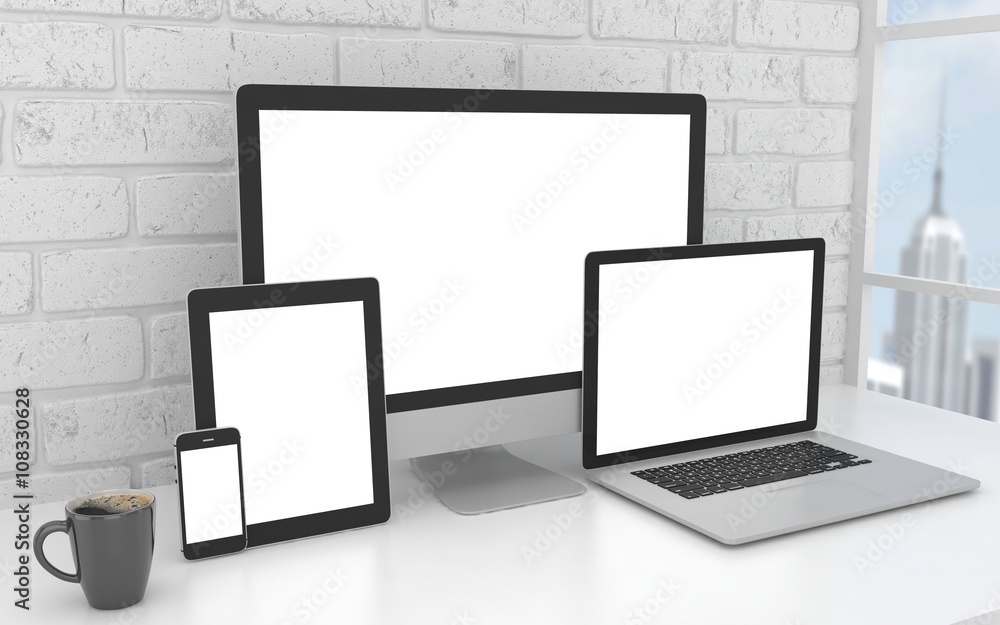 Responsive mockup screen. Monitor, laptop, tablet, phone on table in office. 3d rendering. Responsive mockup screen. Monitor, laptop, tablet, phone on table in office. 3d rendering.