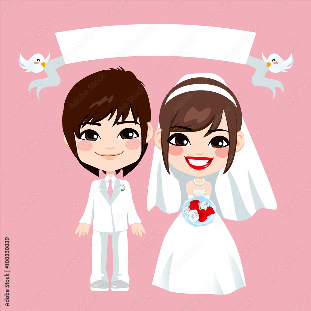 Illustration of lovely sweet asian couple wedding with empty banner held by flying birds Illustration of lovely sweet asian couple wedding with empty banner held by flying birds