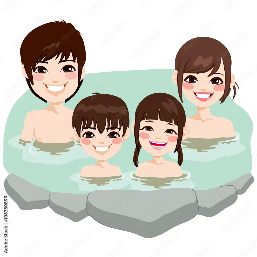 Cute Japanese family enjoying relaxing traditional hot spring onsen bath on vacation Cute Japanese family enjoying relaxing traditional hot spring onsen bath on vacation