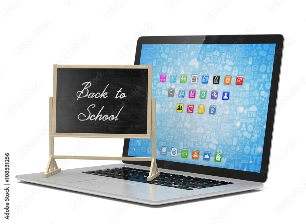 Laptop with chalkboard, back to school, online education concept. 3d rendering. Laptop with chalkboard, back to school, online education concept. 3d rendering.