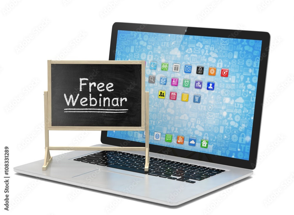 Laptop with chalkboard, free webinar, online education concept. 3d rendering. Laptop with chalkboard, free webinar, online education concept. 3d rendering.