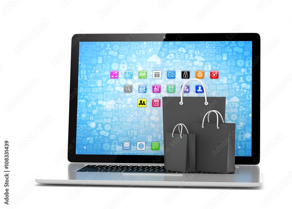 laptop and  shopping pags on white background. 3d rendering.