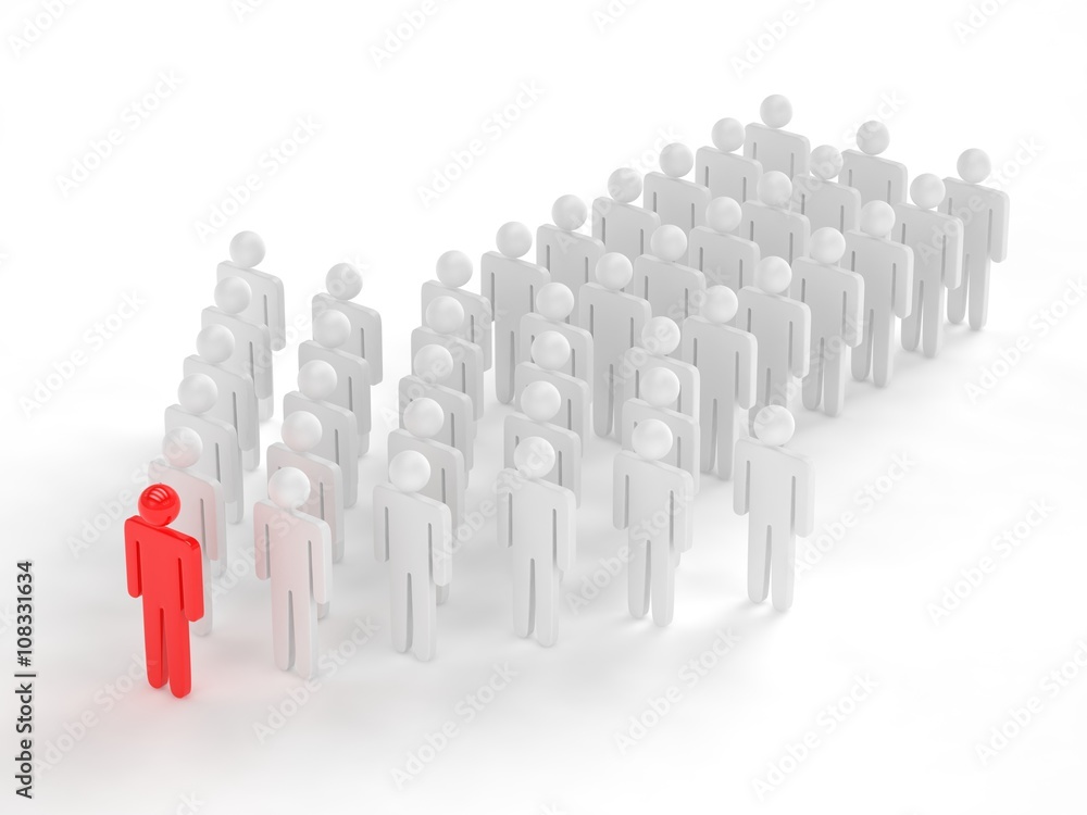 Many 3d people figure in arrow shape with the leader in front. 3d rendering. Many 3d people figure in arrow shape with the leader in front. 3d rendering.