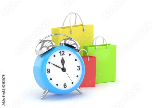 alarm clock and shopping bag (time to buy concept). 3d rendering.