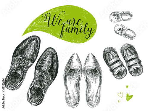 Vector hand drawn illustration with family shoes.