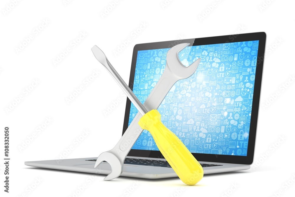 3D Illustration Wrench and screwdriver on laptop, service concept 3D Illustration Wrench and screwdriver on laptop, service concept