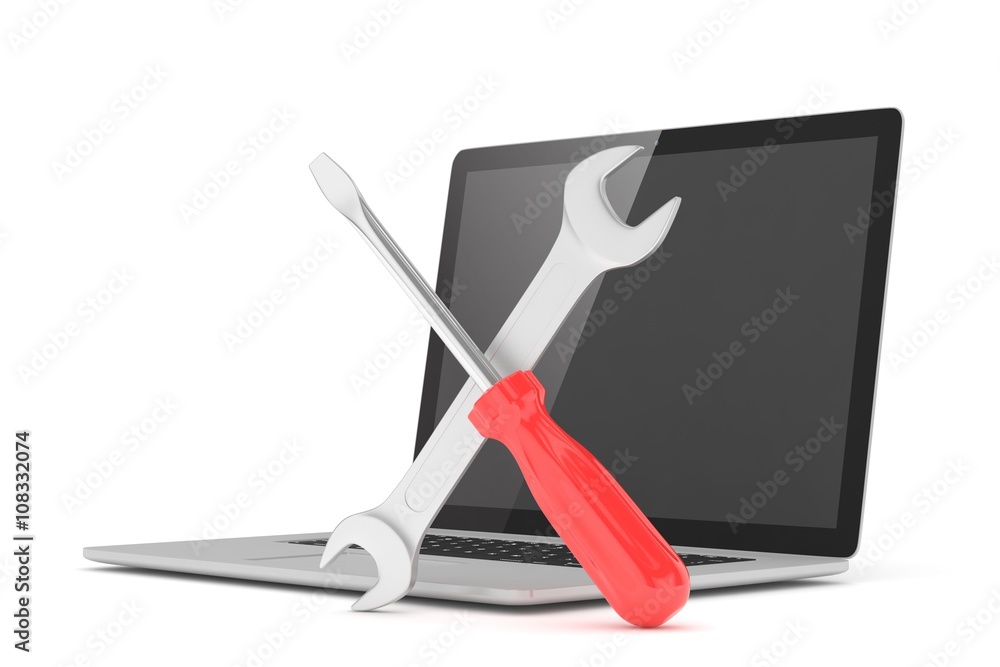 3D Illustration Wrench and screwdriver on laptop, service concept 3D Illustration Wrench and screwdriver on laptop, service concept