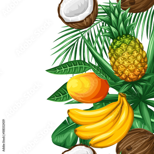 Fototapeta Naklejka Na Ścianę i Meble -  Seamless border with tropical fruits and leaves. Background made without clipping mask. Easy to use for backdrop, textile, wrapping paper