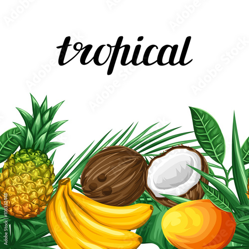 Seamless border with tropical fruits and leaves. Background made without clipping mask. Easy to use for backdrop, textile, wrapping paper