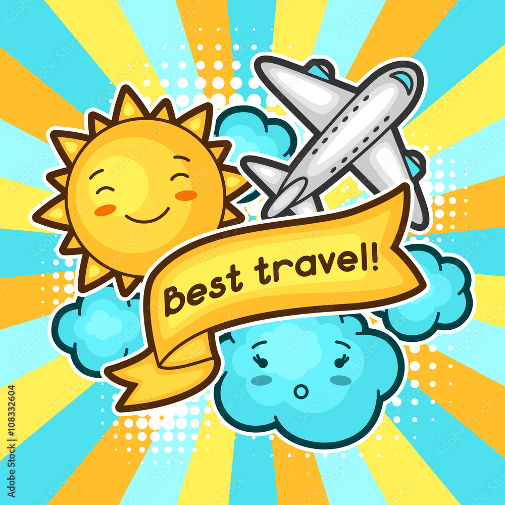 Cute travel background with kawaii doodles. Summer collection of ...