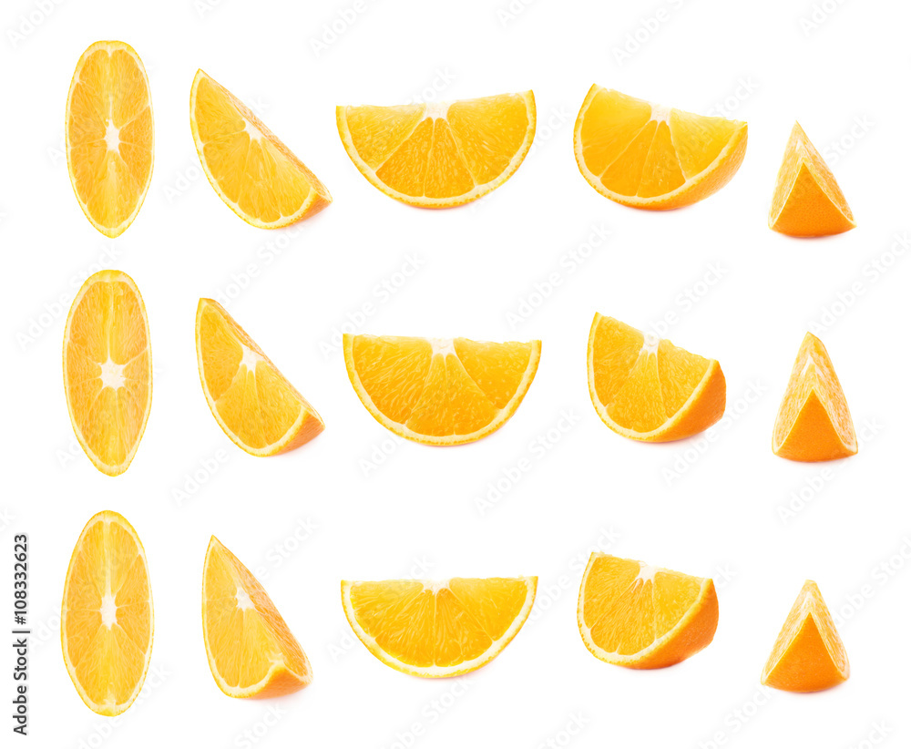 Slice section of orange isolated over the white background, set of different foreshortenings Slice section of orange isolated over the white background, set of different foreshortenings