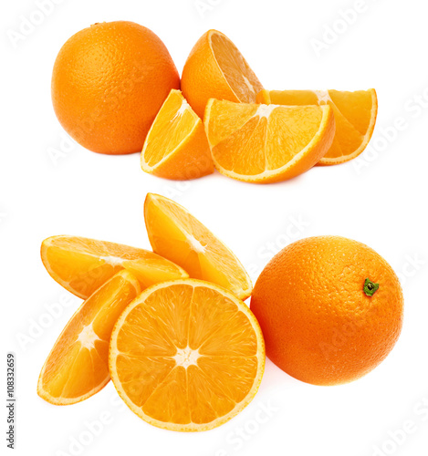 Served orange fruit composition isolated over the white background, set of different foreshortenings