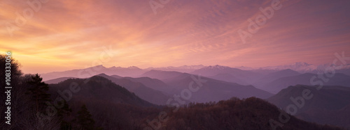 The beautiful sunrise in the Caucasus mountains photo