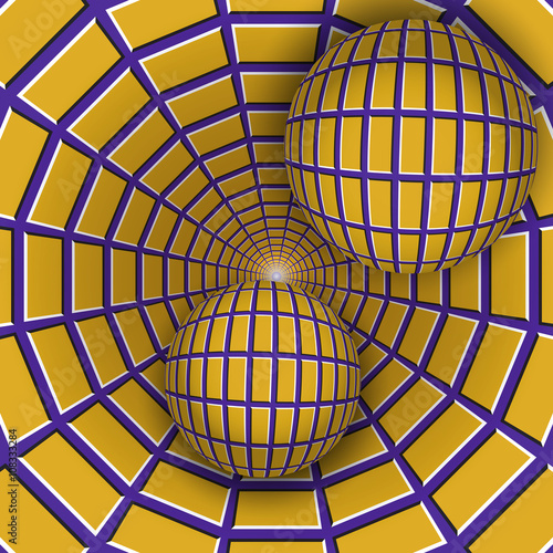 Visual illusion illustration. Two balls are moving on rotating purple funnel with yellow quadrangles. Abstract fantasy in a surreal style.