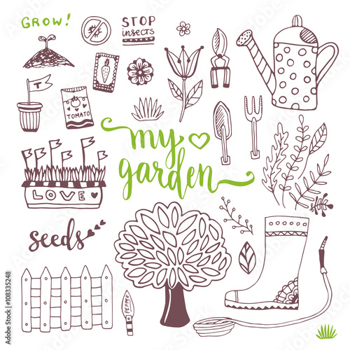 Hand sketch set of Garden doodle elements - seed packets, tools,  tree and watering can