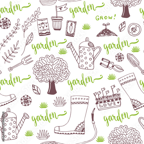 Vector hand sketch Garden pattern with seed packets, tools, tree and watering can. Vector seamless pattern of gardening tools