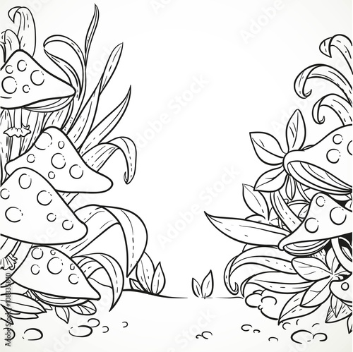 Amanita mushrooms in the grass outlined for coloring book isolat