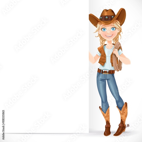 Beautiful girl in a cowboy hat and with lasso hold big white bla
