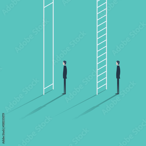 Inequality in career promotion concept. Two businessmen standing and climbing corporate ladders.