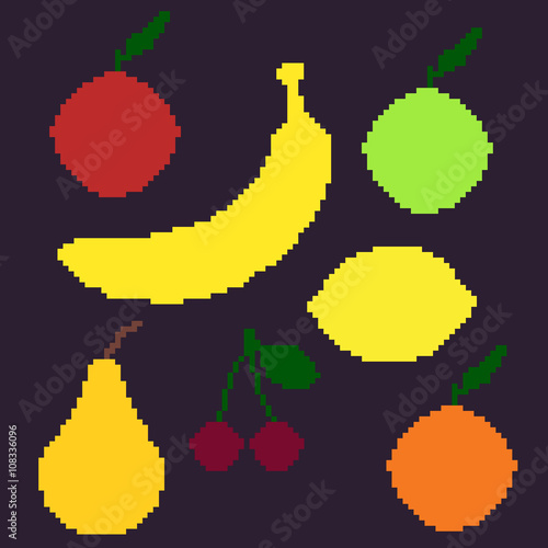 Vector Set of Pixel Fruit Illustrations. Pixel Fruit Icons. Apple, Banana, Lemon, Pear, Cherry, Orange.