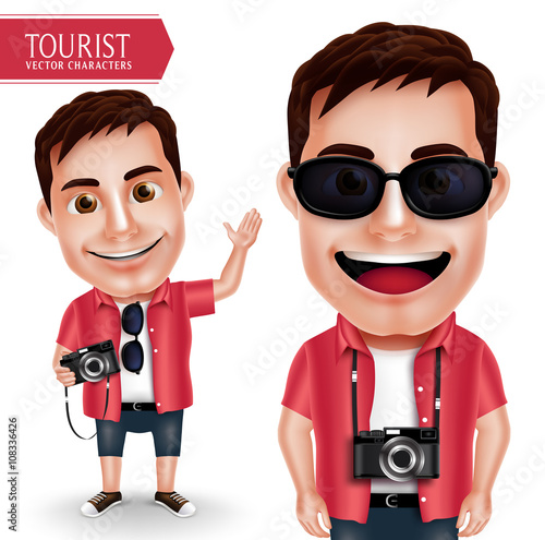 Tourist Photographer Man Vector Character Wearing Casual Holding Camera and Waving Hand for Travel and Hiking Isolated in White Background. Vector Characters Set
