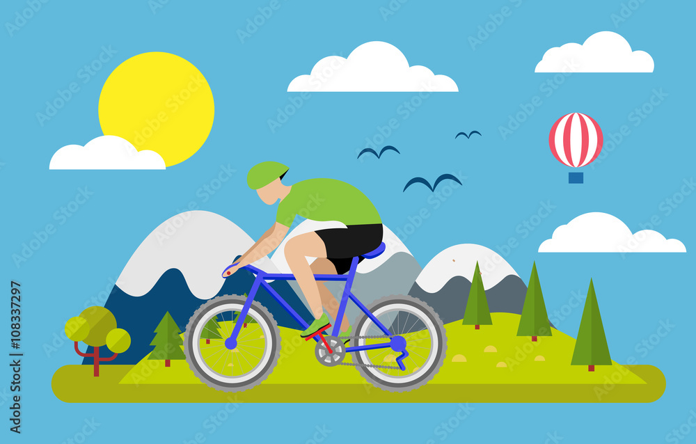 Naklejka premium Cyclist on road, hill and sky. Le Tour de France outdoor landsсape
