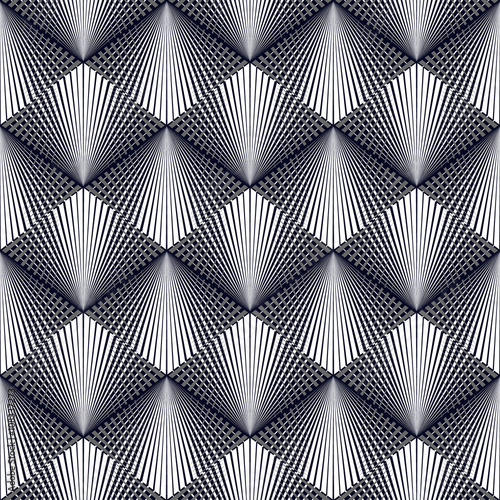 Seamless op art pattern of metallic rhombuses. Geometric background vector design. Simple to edit, without gradient, three colors. © yorinworks