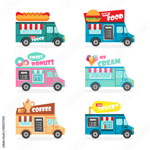 Food truck flat vector set. Fast street food van delivery