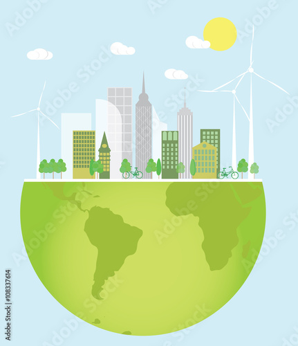 Eco friendly green city with wind turbines