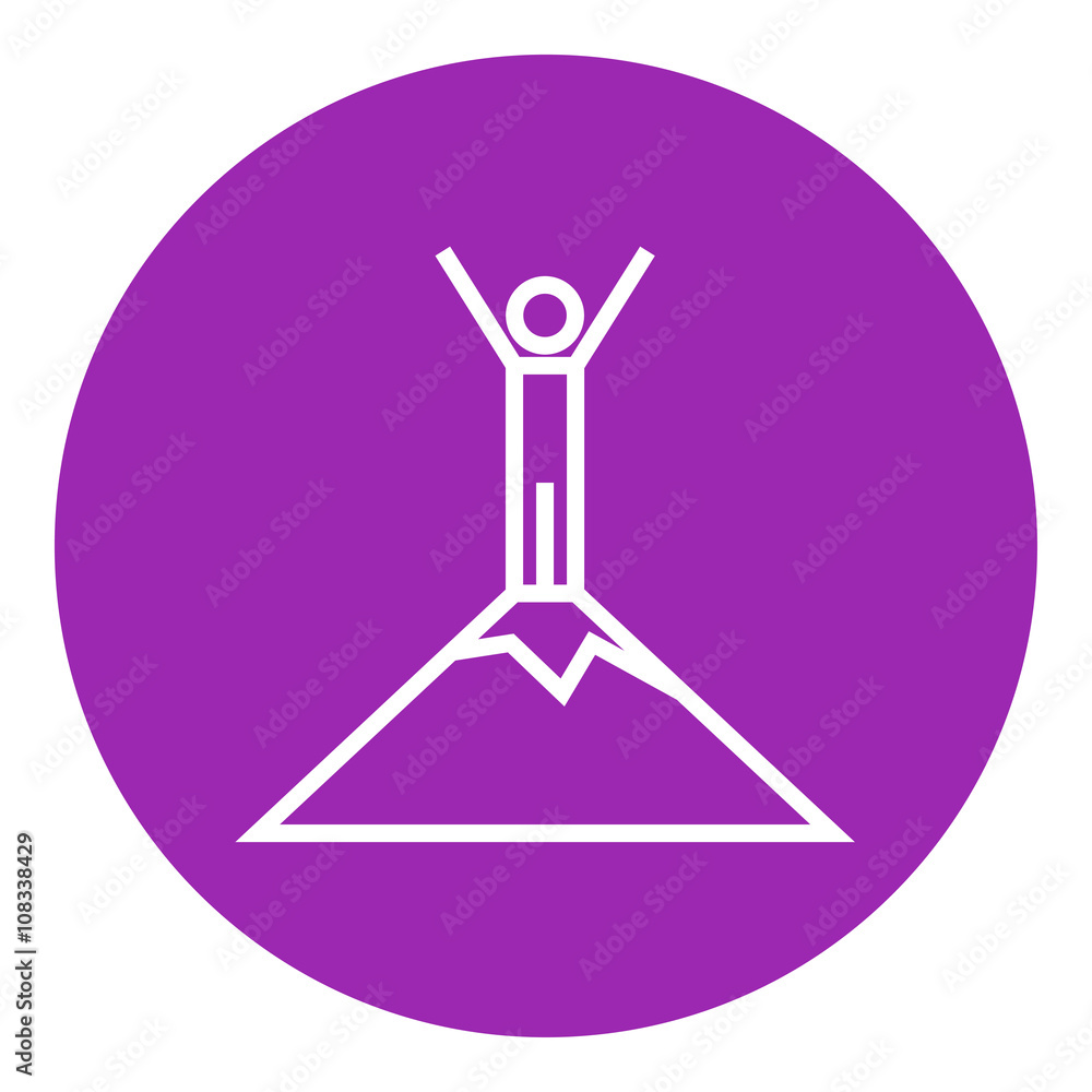 Man standing on top of mountain line icon. Man standing on top of mountain line icon.