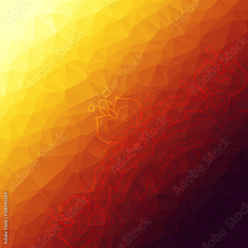 Abstract squared polygonal background in deep red, purple, violet, orange and light yellow colors with round geomentriacal pattern. Modern design. Best suited for covers, banners, templates