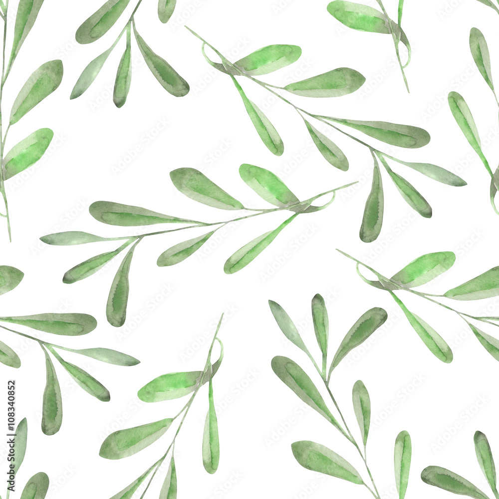 Seamless floral pattern with the watercolor green leaves on the branches, hand drawn on a white background