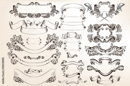 Vector set of swirl elements for design. Calligraphic vector