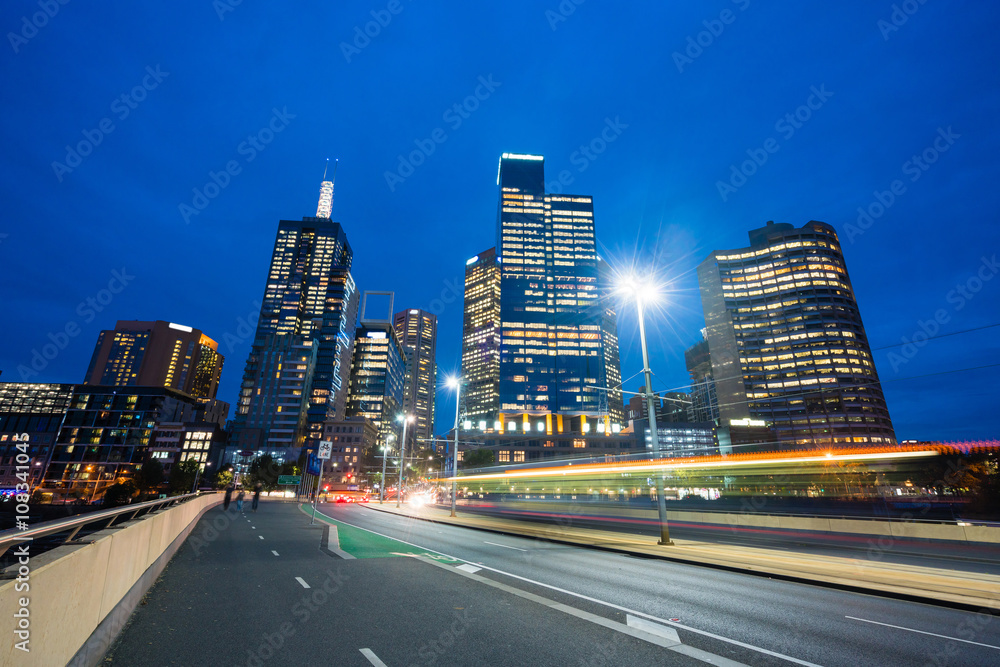 Modern buildings and traffic trails in downtown Melbourne