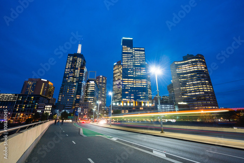Modern buildings and traffic trails in downtown Melbourne