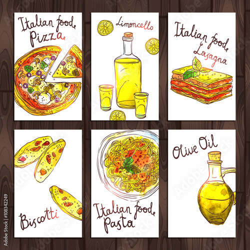 Collection Of Cards With Italian Food. Hand Drawn Watercolor Banners With Pizza, Pasta, Lasagna, Biskotti, Olive Oil And Limoncello On Wooden Background