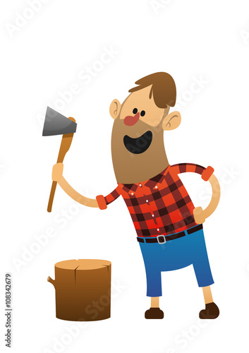 cheerful woodsman with an ax and a log