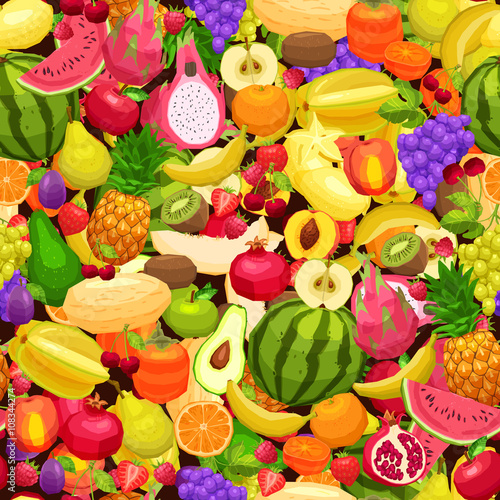 Fototapeta Naklejka Na Ścianę i Meble -  Fruits Background, Bright Seamless Pattern With Different Fruits