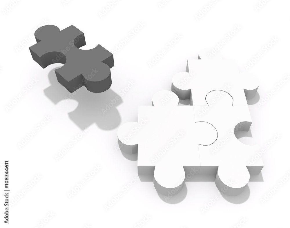 3d rendering of concept illustration: lonely black one piece of puzzle is  moving away from the others white three Illustration Stock | Adobe Stock