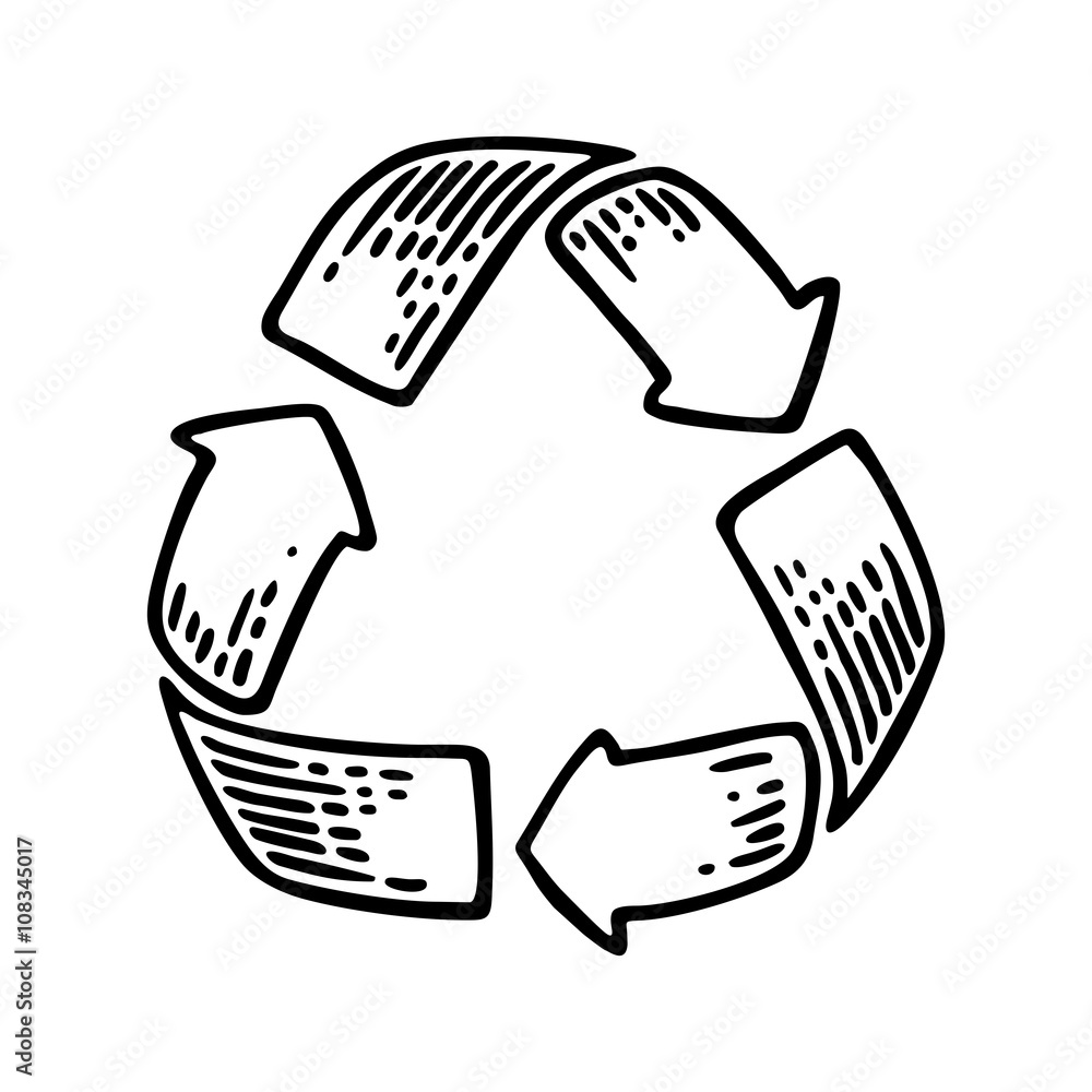 Recycle sign. Vintage vector black engraving illustration for web, icons. Isolated on white background
