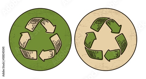 Recycle sign. Vintage vector engraving illustration for web, icons. Isolated on white background. Green and beige round sticker for eco environments